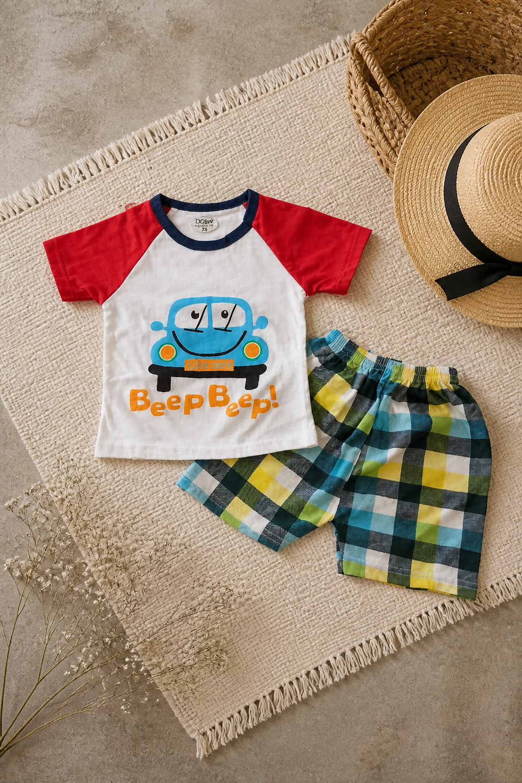 Beep Beep Baby Boy Set — Graphic Tee & Plaid Shorts