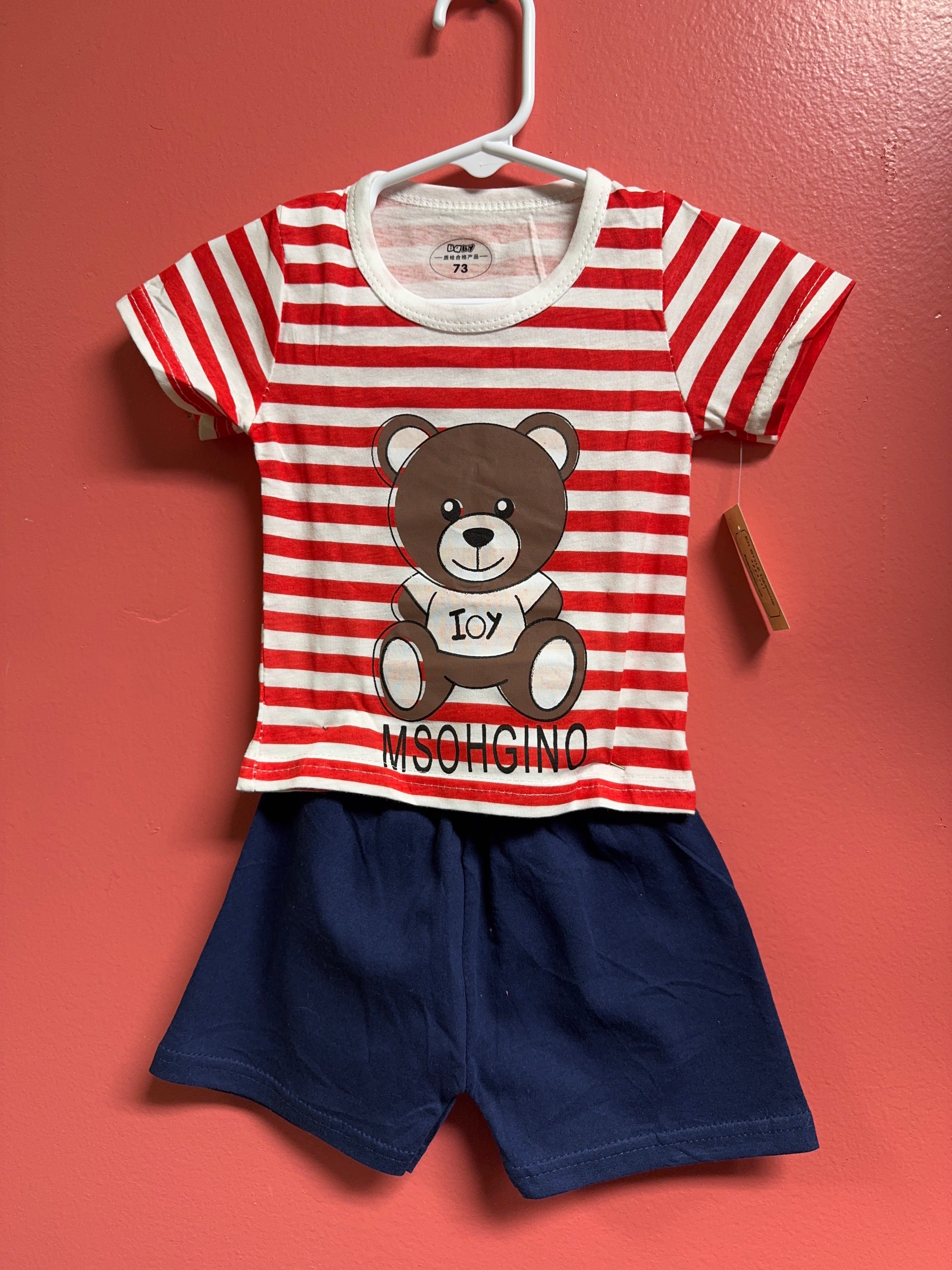 Teddy Bear Baby Boy Set — Soft Striped Tee & Matching Shorts